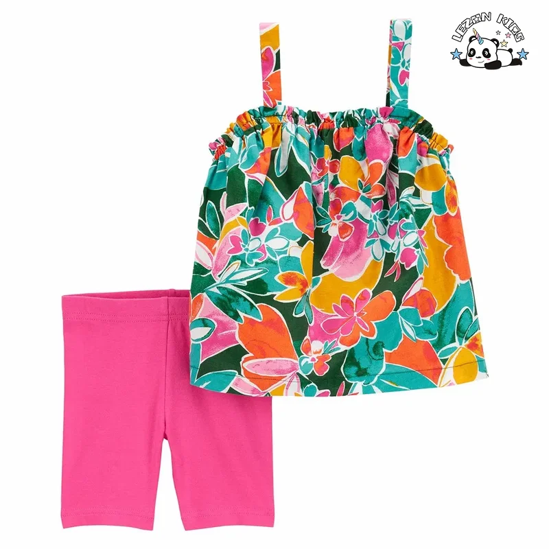 LEZONKIDS - Conjunto de Roupas de Verão para Meninas Pequenas com Legging Curto e Top Colorido Personalizável de Alta Qualidade para Férias